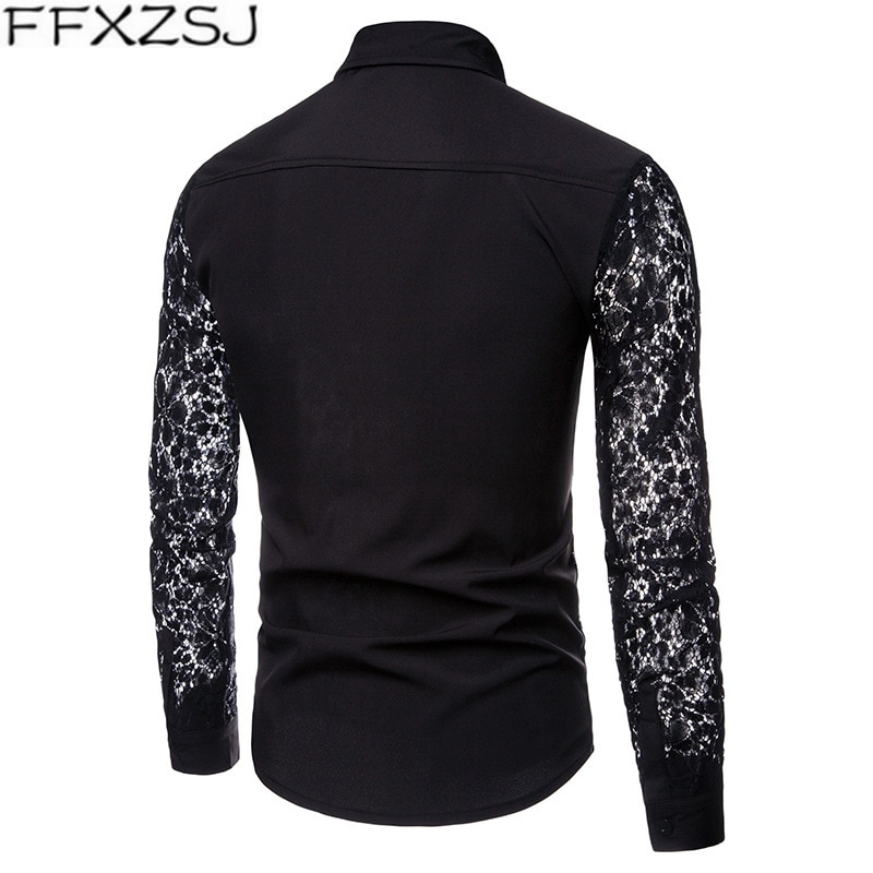 Ffxzsj mænd casual skjorter efterår blonder ærmer bomuld herre langærmet skjorte casual hvid sort dress skjorter