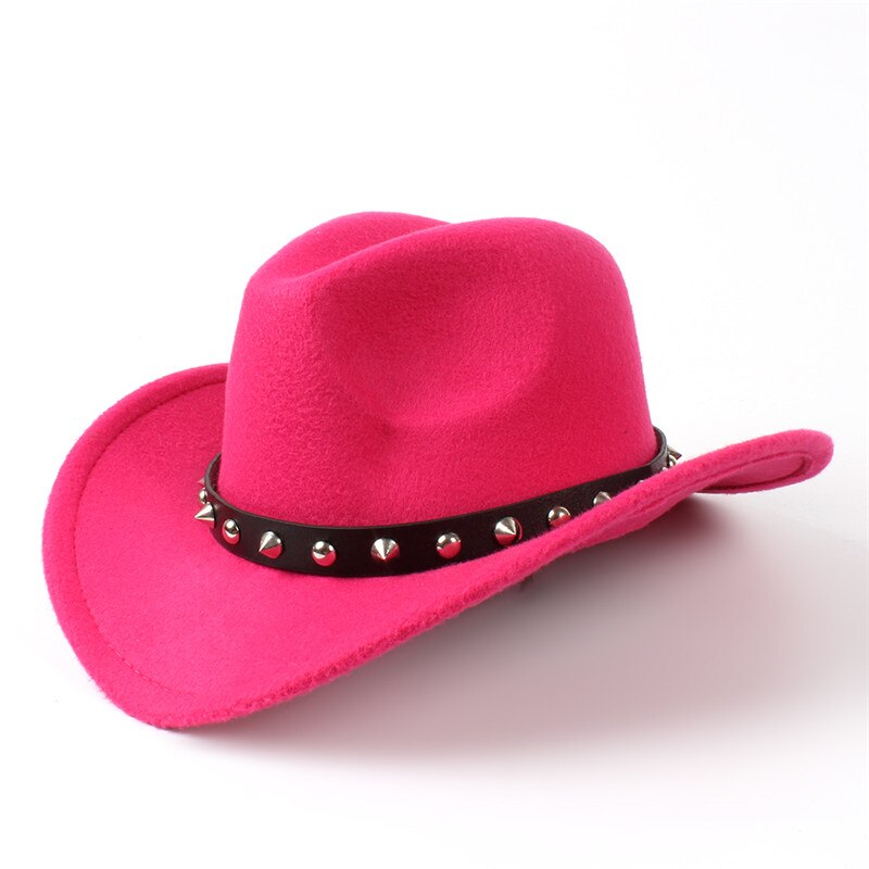 Damer uldfilt vestlig cowboyhue med sammenrullet bred kant gentleman lady jazz cowgirl punk nittebælte sombrero caps  c18: Rosenrød