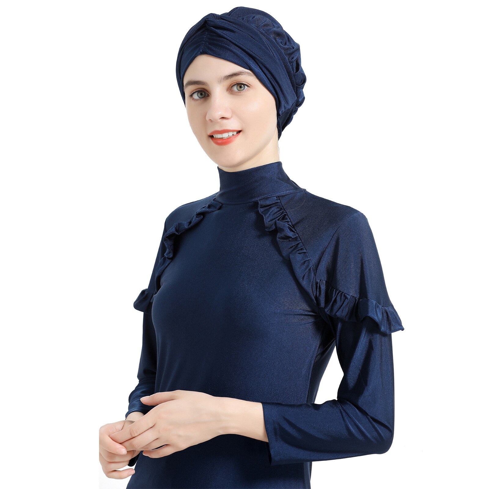 CUTIECLUB Moslim badmode voor vrouwen bescheiden badpakken Burkini 3 stuks,Ruffle lange top broek Beachwear, Zwart, L