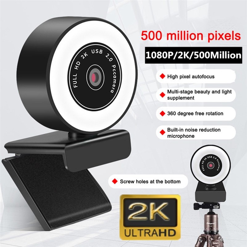 Autofocus Hd Webcam 1080P 2K Usb 5 Miljoen Pixels Web Camera Pc Laptop Desktop Computer Met Microfoon Ring licht Statief Web Cam