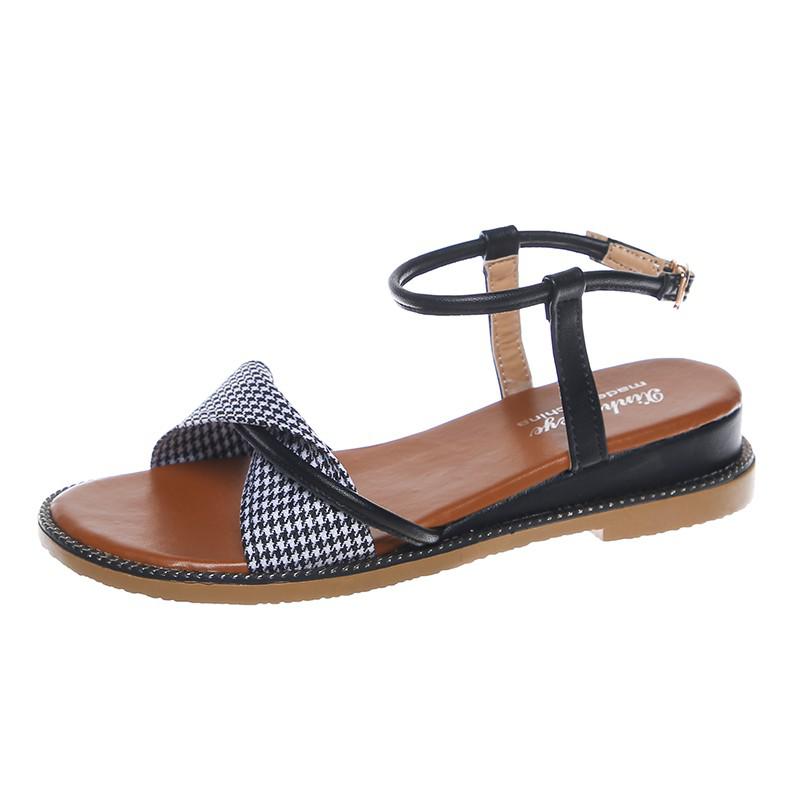 Dam sandaler snörning platt spänne sandaler tofflor dam högklackat tofflor runda huvuden sandaler festskor storlek 35-40: Svart / 40
