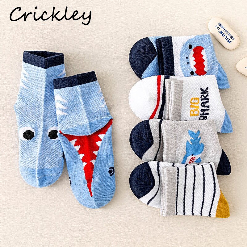 5Pairs/lot Cartoon Shark Children&#39;s Cotton Socks Spring Summer Mesh Boys Socks Soft Thin Breathable Kids Short Sock 1-13T