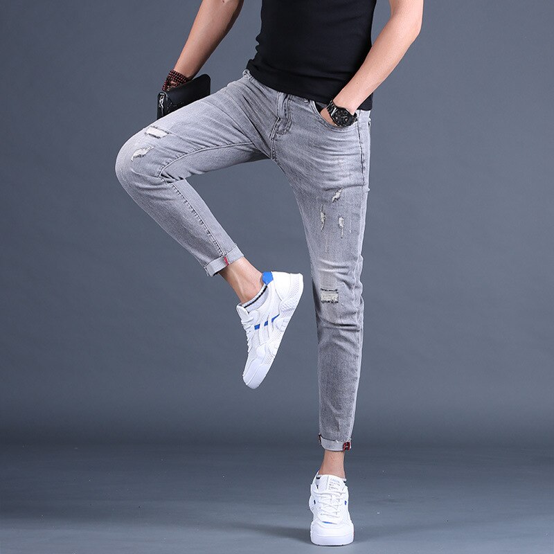 Pantalones vaqueros hasta el tobillo para hombre, ropa informal coreana, con agujeros rasgados, para verano, 2022