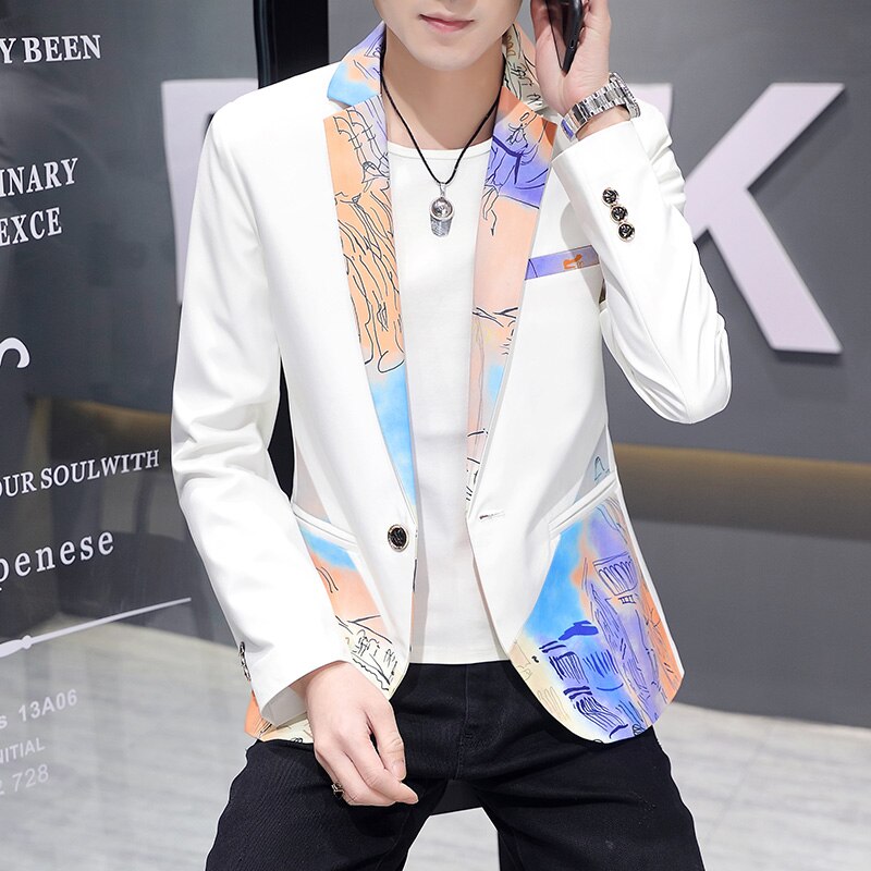 Spring Men Blazers Splicing Casual Slim Fit Suit Jacket Wedding Business Dress Coat Streetwear Social Men Clothing: White / L