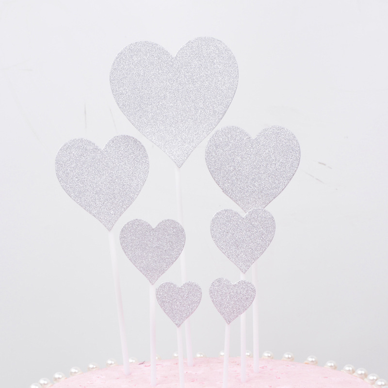 7Pcs Ster Hartvormige Verjaardag Taart Decoratie Kaart Set Dessert Kaart Gouden Rode Ster Liefde Decoratie Kaart Set: Silver Heart shaped