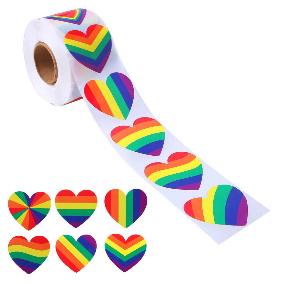 500Pcs/Roll Gay Pride Zelfklevende Sticker Roll Regenboog Hartvormige Seals Label Voor Party Shirts Liefde Decoratie hart Sticker