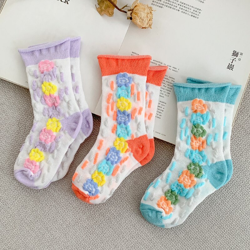 Calzini estivi a bolle per ragazze bordi arrotolati creativi Design fiori calzino per bambini calzino corto in morbido cotone traspirante per bambini 3 paia: NS158 / M(3-5 Years Old)