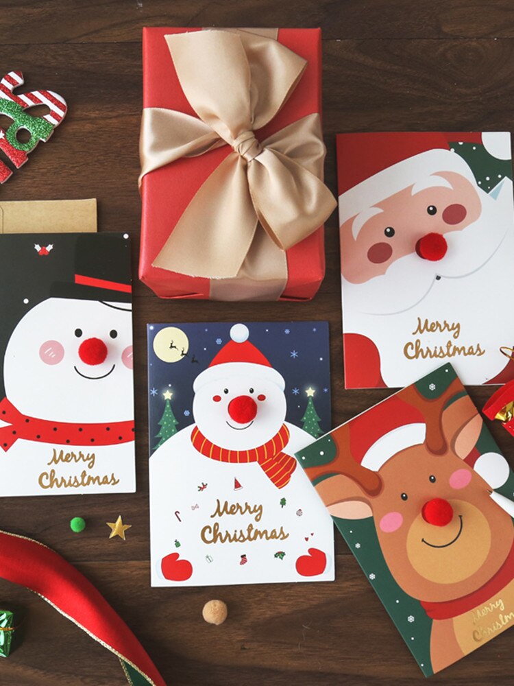 5pcs Merry Christmas Greeting Cards Envelope Kids Year Cartoon Xmas Party Decorations Postcard DIY Blessing Cards