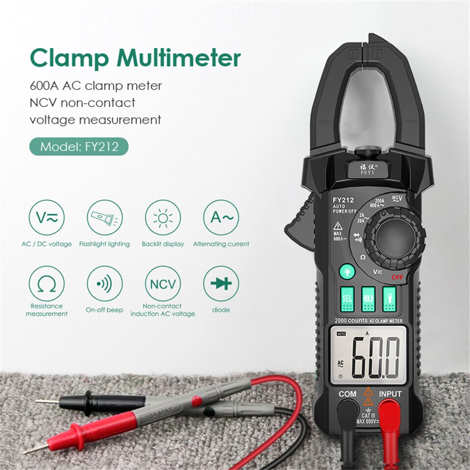 Mastfuyi FY212 / FY217 Digital Clamp Meter 600A AC Current AC/DC Voltage True RMS Auto Range VFD Capacitance NCV Tester Ammeter: FY212 Black
