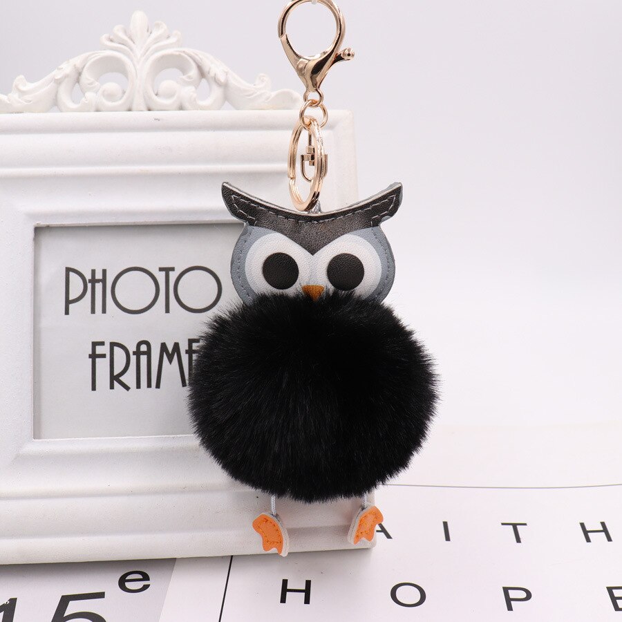 Sød pompon ugle nøglering pom nøglering kanin pels bold pompon fluffy læder nøglering plys nøgleringe
