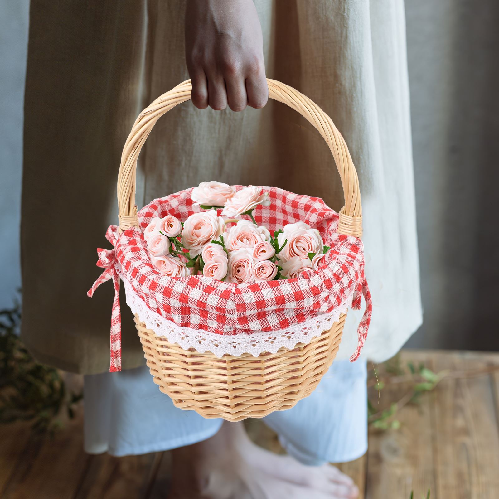Zerodeko-cesta de Caperucita Roja, bolsa de Picnic tejida a mano, cesta de , cesta de almacenamiento de mimbre, cesta interior de lino