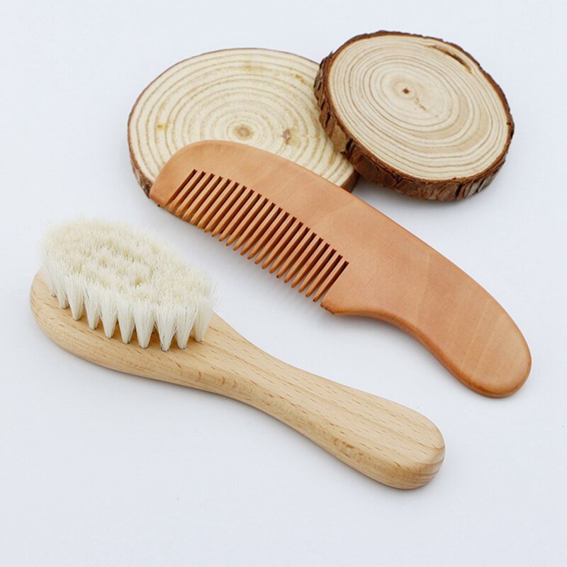 Ensemble de brosses en bois pour bébé, en laine naturelle, peigne pour -né, masseur de tête pour -né, 2 pièces/ensemble