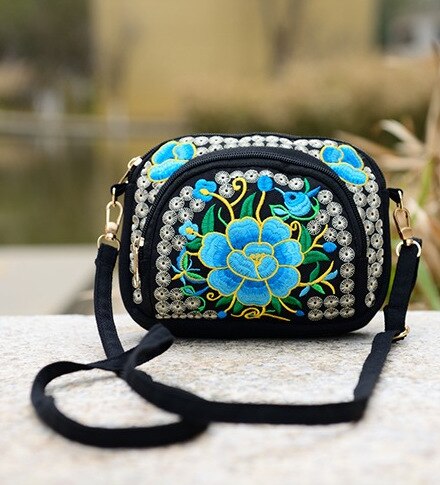 Sac à main Vintage Hmong pour femmes, fourre-tout, sacoche Hippie ethnique, sac à bandoulière brodé Boho: Blue Flower