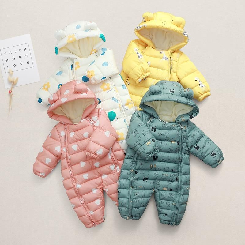 Winter warm geboren 3m 6m 9m 12m 70 80 90 100cm peuter baby capuchon jumpsuit overall jas plus fluwelen baby jongen rompertjes