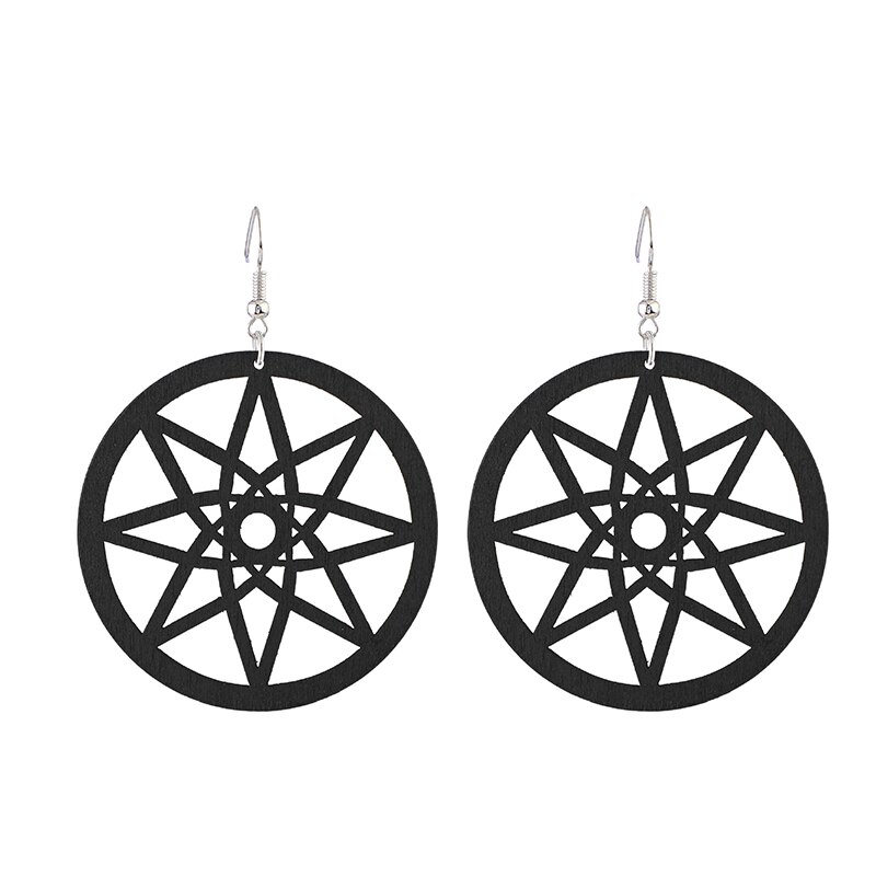 Retro Round Wood Earrings for Women Casual Original Hollow Eight-pointed Star Geometric Wooden Jewelry: C2