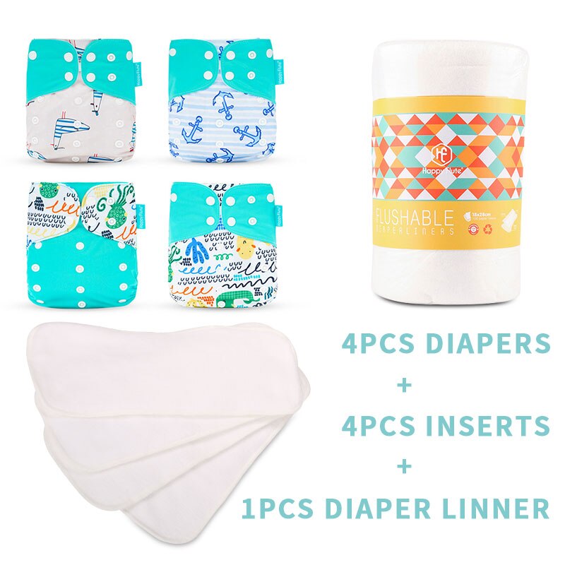 Happyflûte-couche lavable réutilisable, 4 Inserts + 1 couche jetable, taille ajustable, convient aux bébés de 3 à 15KG: SMT008-B25