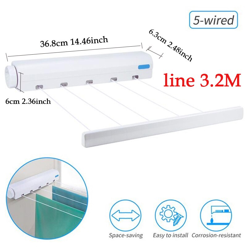 Retractable Clothes Line Wall Mounted Clothes Hanger Indoor Balcony Bathroom Clothes Dryer Rack Folding Clothesline Organizer: 5 line