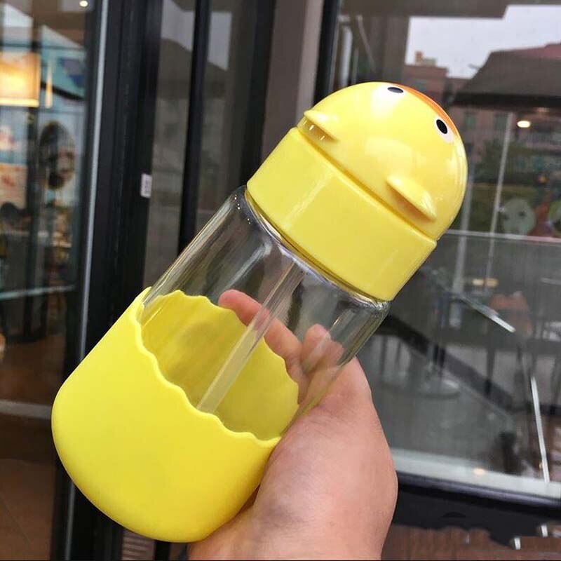 320ML Glass Baby Feeding Bottles BPA Free Anti-colic Baby Milk Bottle with Straw for Infants Feeding School Kids Bottle: Yellow Duck