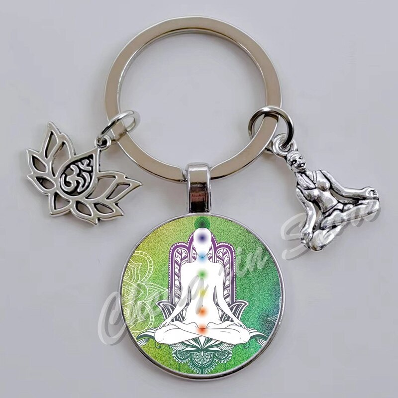 Indian Buddha Meditatie 7 Chakra Mandala Psychedelische Yoga Glas Cabochon Sleutelhanger Ornament