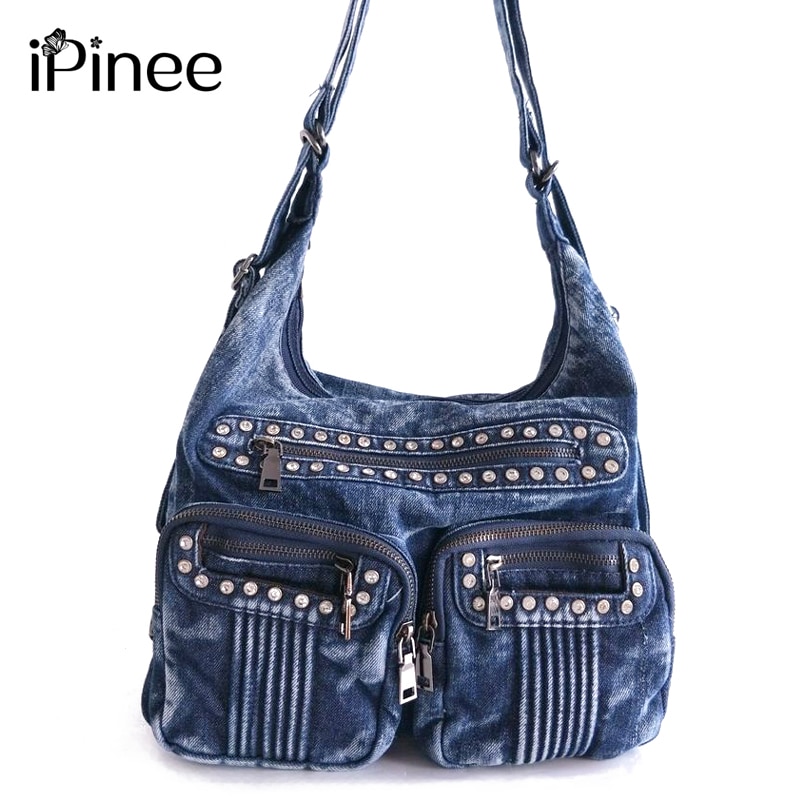 Ipinee denim jean vesker kvinnelige flere lommer skuldervesker diamante kvinner vesker bolsas