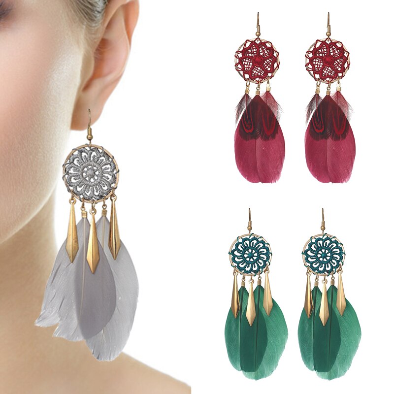 Bohemian Woven Dream Catcher Feather Dangle Earrings for Woman Trendy Boho Long Tassel Earring Wedding Jewelry