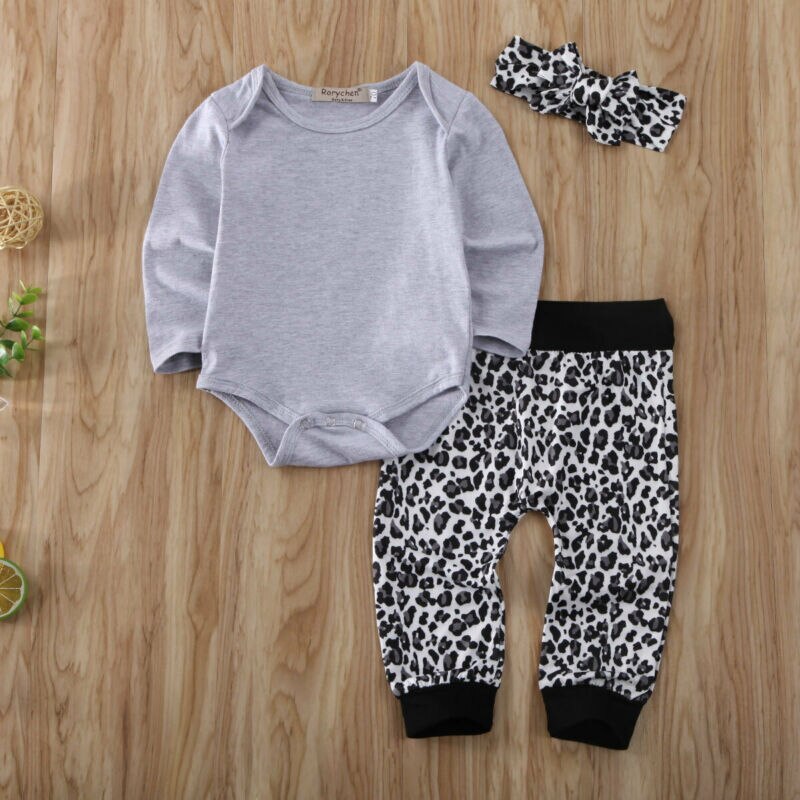 0-24m spædbarn baby pige børn drenge lange ærmer solide toppe + leopard print bukser + pandebånd 3 stk tøj 0-18m