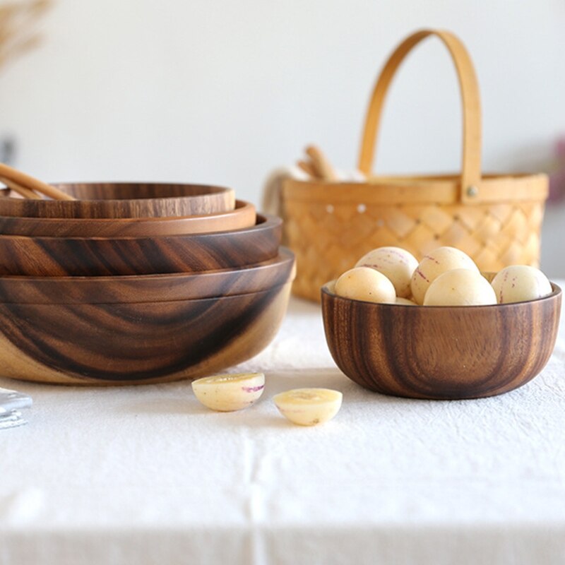 Cuenco de madera para almacenamiento de frutas y verduras, cuenco mezclador de masa, para el hogar Decoración práctica, cocina, Picnic, comida, pan, platos y ensalada