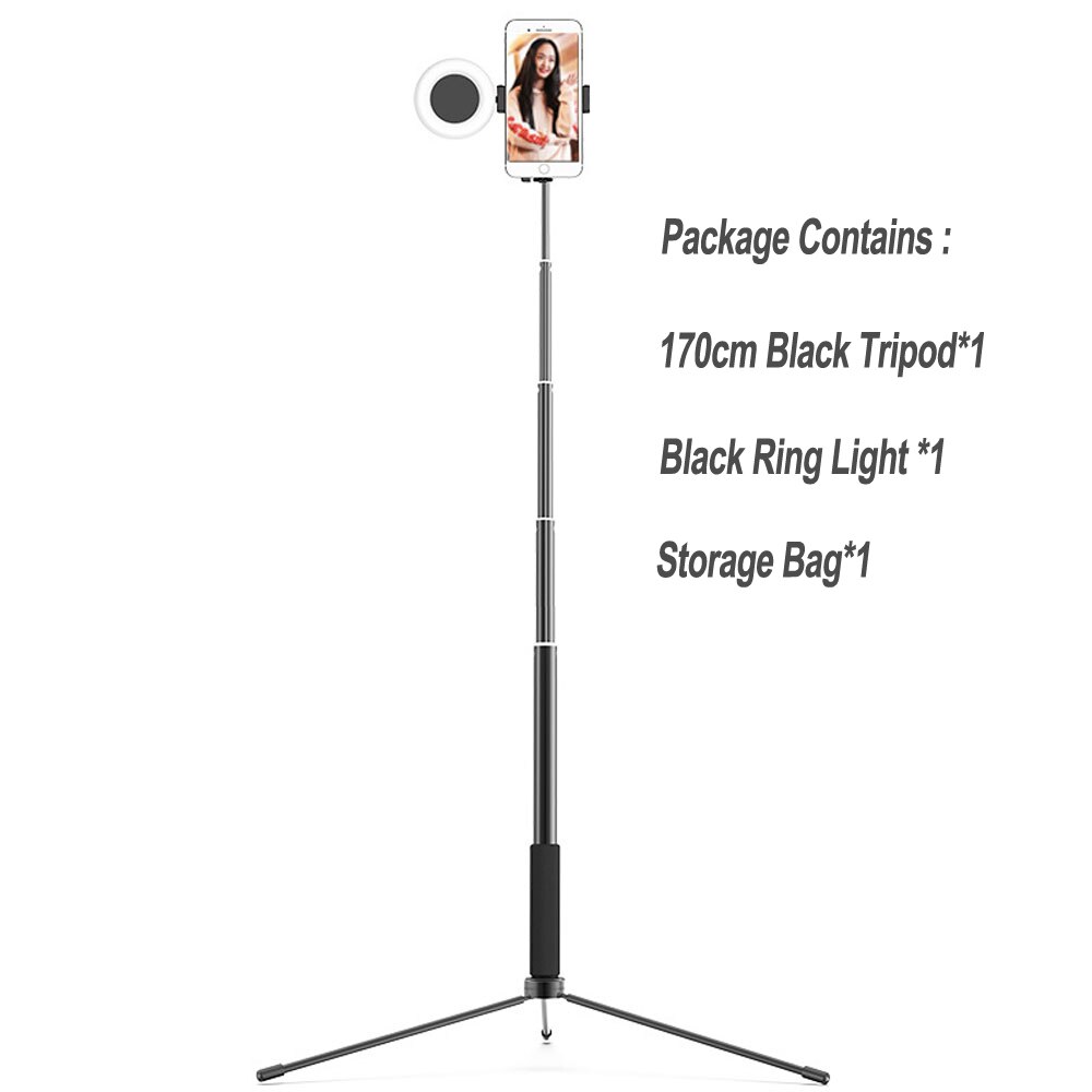 Support de bâton de Selfie ultra-léger de 170CM avec la Mini lumière d'anneau pour des accessoires de téléphone support de photographie en direct de trépied pliable NE070: Black Tripod 1 Light