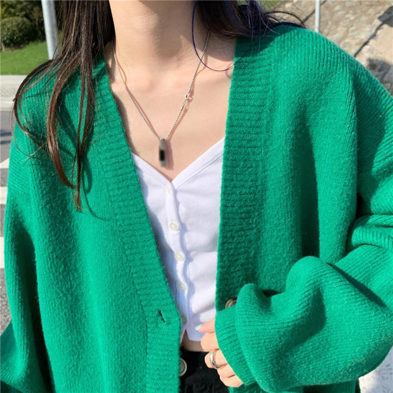 Cardigã de comprimento médio para mulheres, suéter verde com decote em v solto, cardigã de malha feminino de manga comprida, casaco midi, outono e inverno, 2023