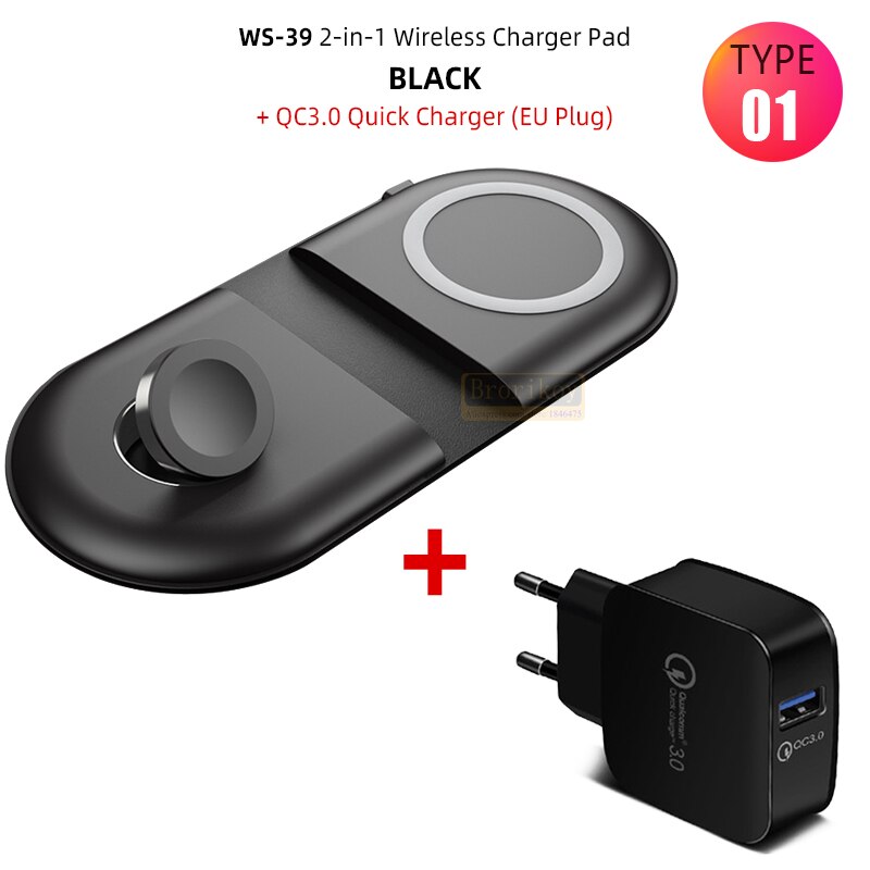 2 in 1 qi dual fast wireless charger pad for iphone 13 12 11 xs xr 8 airpods pro samsung  s20 s21 induction charging dock station: Type 1 black  qc3.0