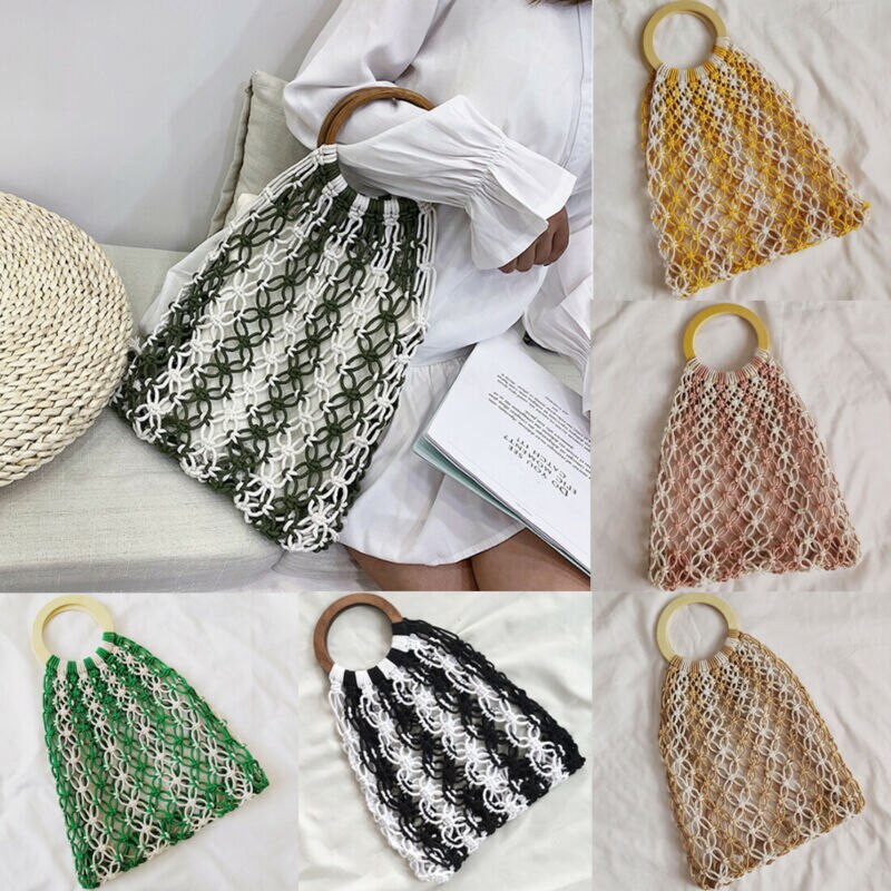 Women Vintage Beach Handbags Mesh Woven Hollow Rope Cotton Travel Bags Purse