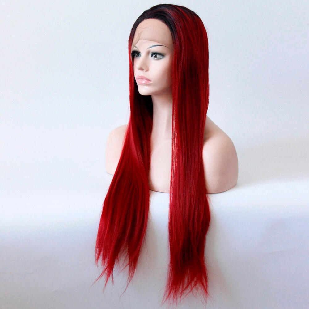 V'NICE-pelucas con encaje frontal sintético para mujer, pelo largo y recto, fibra sintética de alta temperatura, color negro a rojo vino