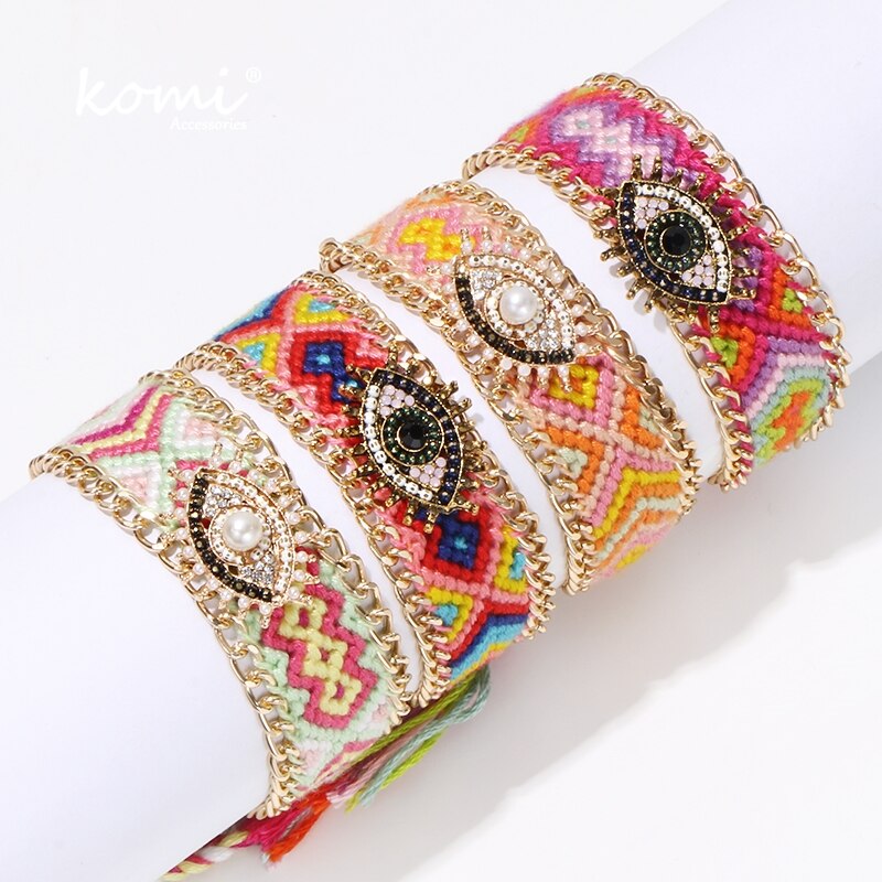 KOMi Kreative Bohemien handgefertigt gewebte Ethik Armbänder Für Frauen Bunte Augen Strass Kristall Quaste Armbinde K1128