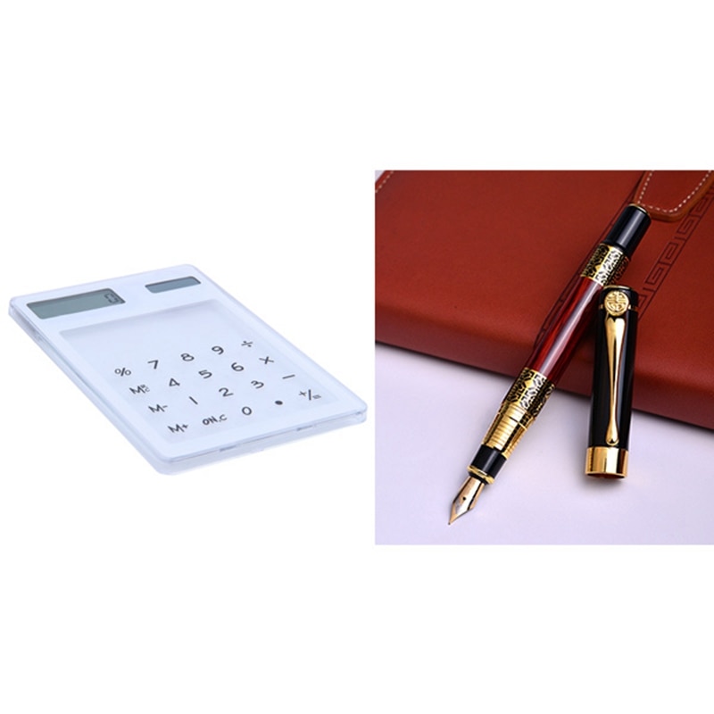 1 Pcs Transparent Calculator Clear Scientific Calculator & 1 Pcs Chinese Classical Fountain Pen Golden Signature Pen