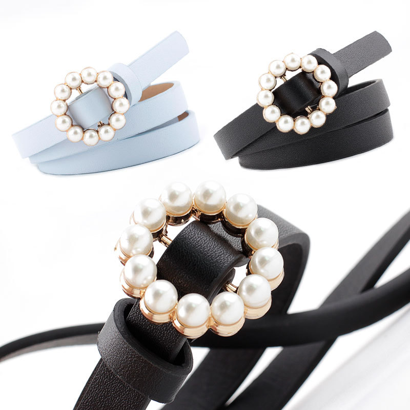 Perle dekorativt belte dame belte rund pin spenne perle belter dame casual solid pu lær tynt belte