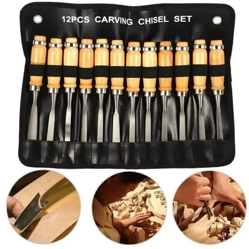 Wood Carving Hand Chisel 12PCS/Set Woodworking Lathe Gouges Tools Woodcarving Tools Set Carved Chisel Carving Knife Set
