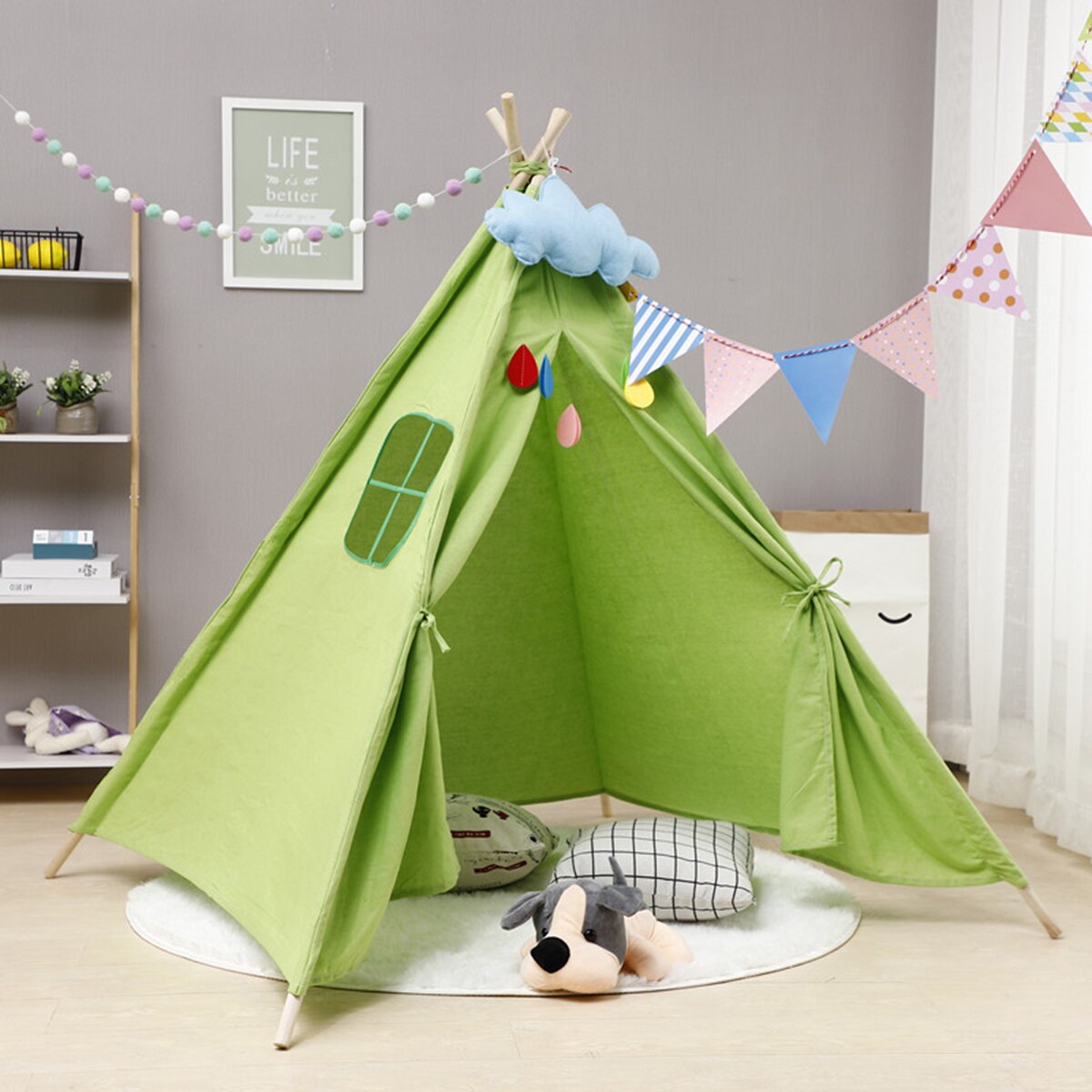 11 Style Larger Folding Indoor Baby Game House India Triangle Tent Princess castle Canvas Original Teepee Kids Teepee NO MAT: Green / 1.3m