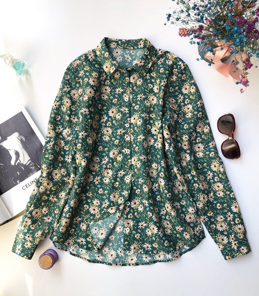 green silky long sleeve floral button shirt ... m main image 1