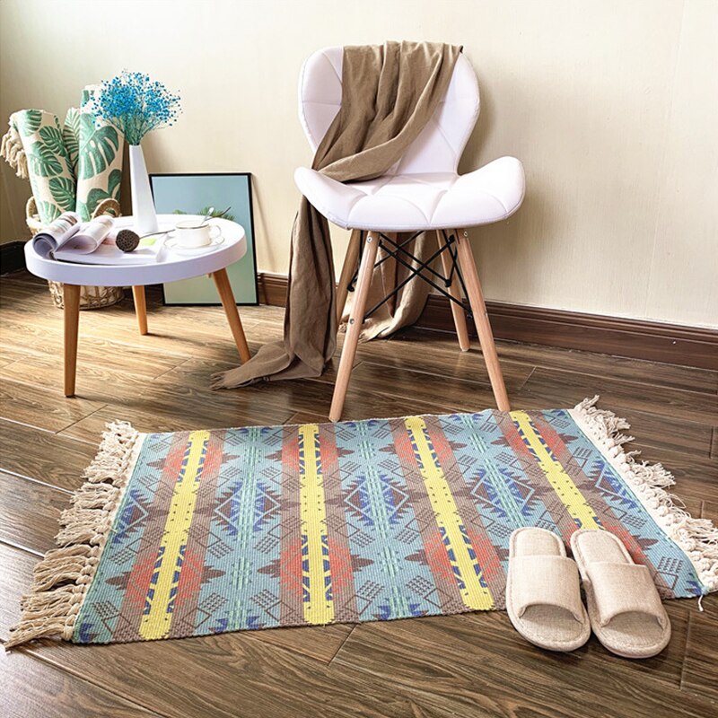 Boheme håndvævet bomulds tæppe kvast sengetæppe geometrisk gulvmåtte print område tæppe til stueindretning: 3