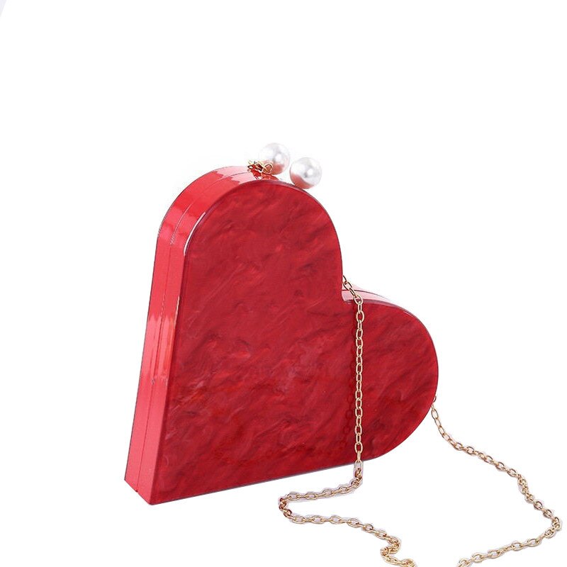 Unique Acrylic Clutch Cute Red Heart Shape Pearl Chain Party Evening bag Women Shoulder Bags Handbag Purses