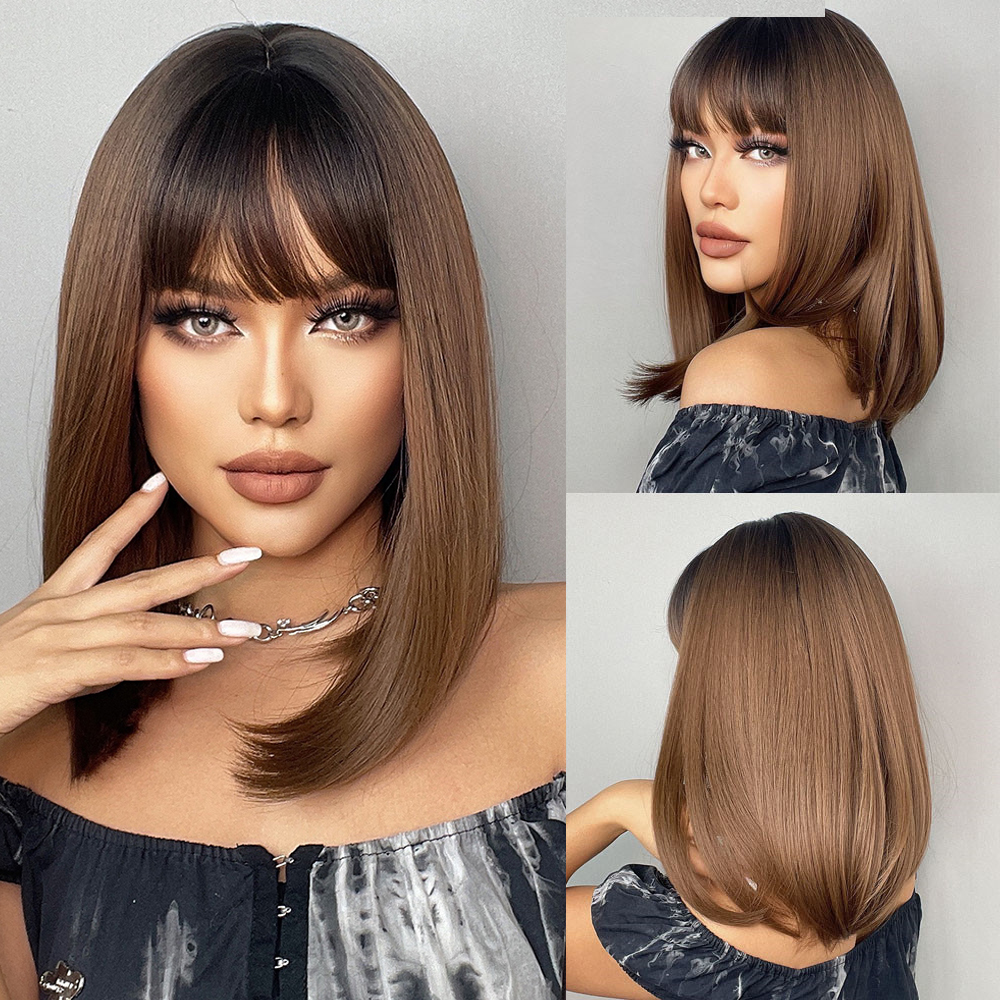 Peluca corta Bob rubia platino con flequillo, peluca rubia recta Natural sintética para mujeres blancas, cabello resistente al calor para fiestas diarias: Naranja