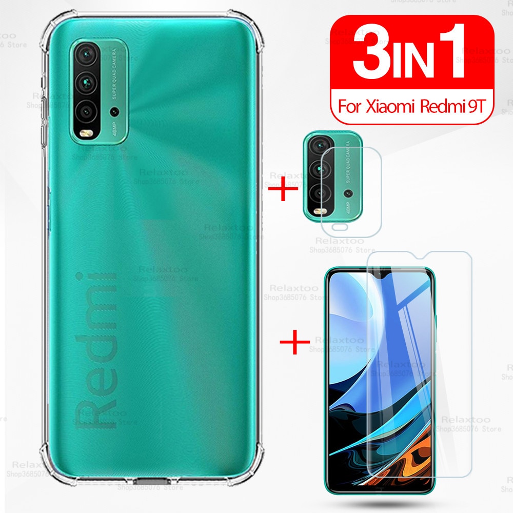 3in1 Transparant Clear Tpu Siliconen Case Voor Xiaomi Redmi 9 T Gehard Glas Redmi 9 T Nfc Redm9t 9 T camera Bescherming Film Cover