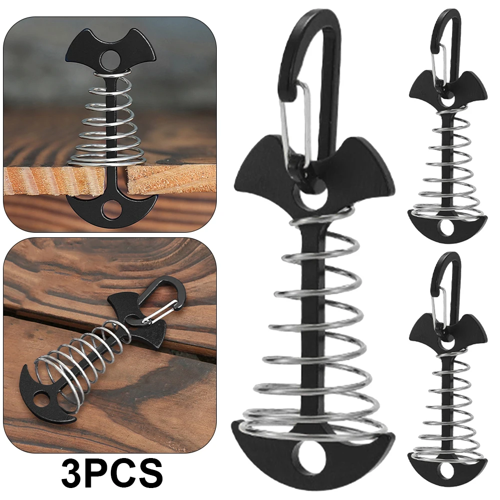 3/5/10PCS Spring Fishbone Deck Pegs Tent Stakes Awning Anchor Wind Rope Buckle with Carabiner Deck Fixed Nails Camping Tent Hook: MULTI