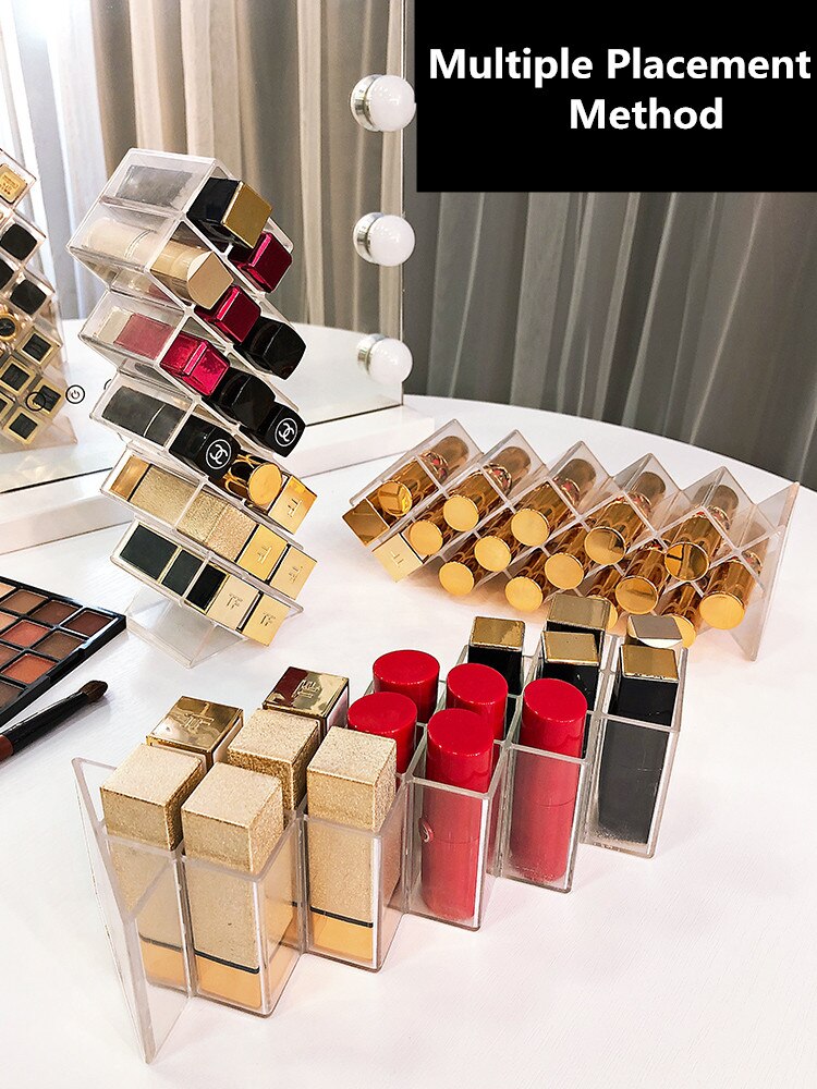 48/32/16 Lattices Plastic Lipstick Organizer Standing Makeup Storage Rack Table Lip Gloss Holder Transparent Cosmetics Container