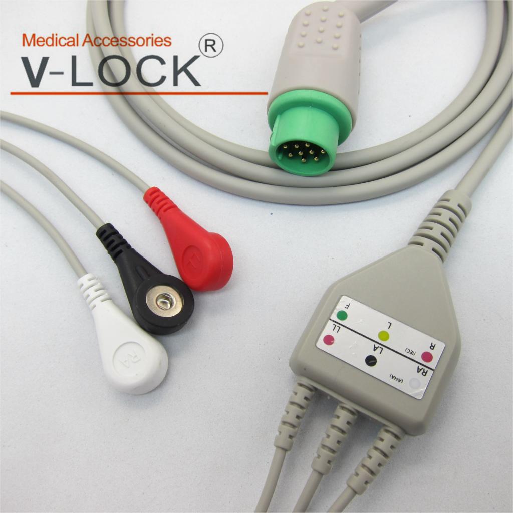 One-piece ECG cable and leadwires 3leads 5 leads snap clip grabber for schiller argus LCM plus patient monitor