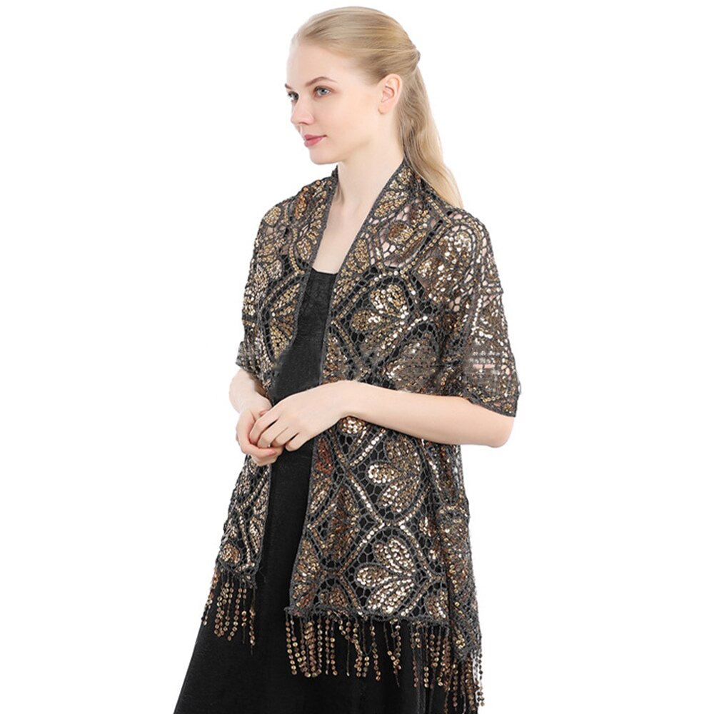 Scialle di pizzo con paillettes vuote da sposa da donna di lusso avvolgere il partito femminile lucido luccichio stola sciarpa da ballo con nappa: nero oro