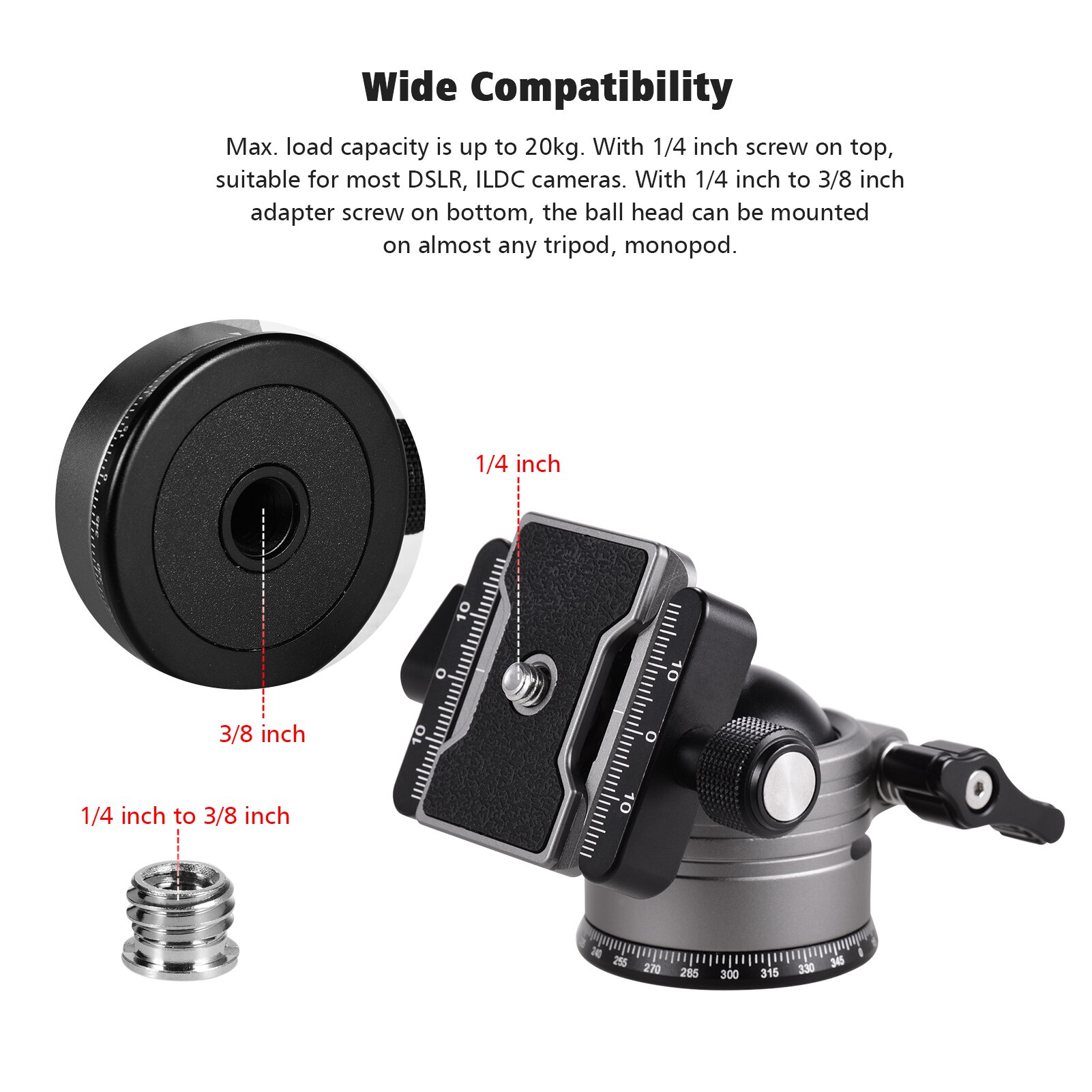 ballhead Aluminum Alloy Dual Panoramic camera Ball tripod Head with 1/4 Inch Screw Mount for DSLR Studio Max. Load 20kg Grey