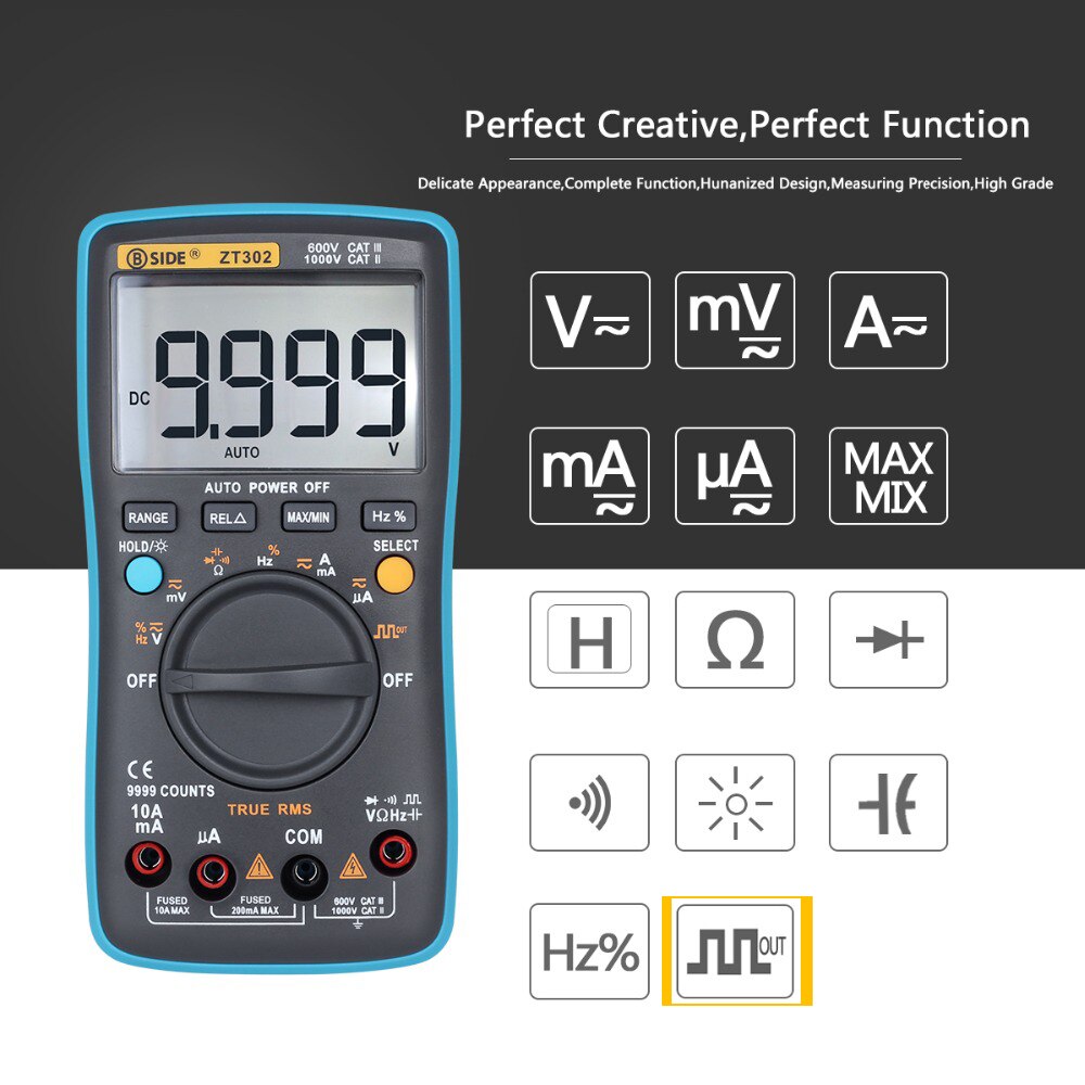 BSIDE Digitale Multimeter BSIDE ZT301 302 True-DC/DA Voltmeter Ammeter Multimetro Weerstand Cap Hz Temp Tester