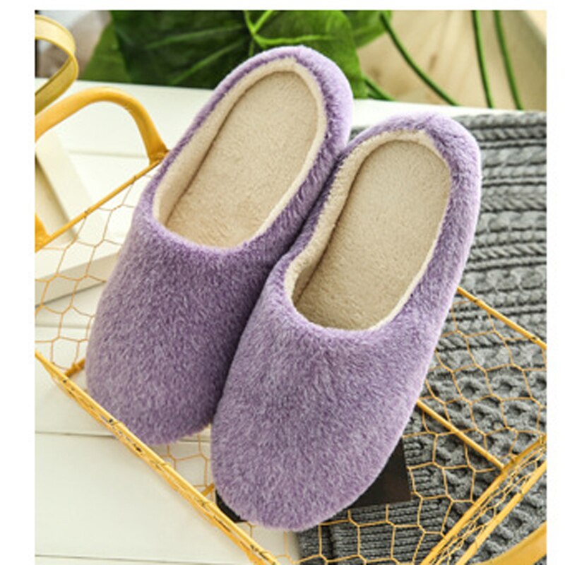 Winter Thuis Mannen En Vrouwen Effen Kleur Slippers Mode Paar Pluche Slippers Antislip Warm Binnenshuis Slaapkamer Vloer Schoenen: purple / 40-41