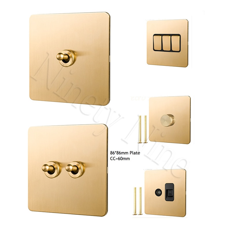 86MM Solid Brushed Brass Panel Wall Toggle Switch Brass Knob Retro Vintage Phone Fan Internet TV SCREW